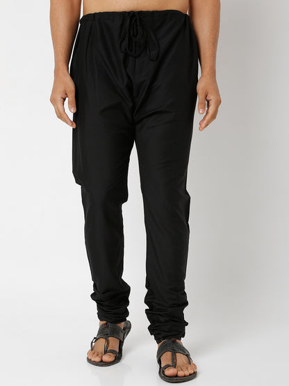 Men's Black Polyster Blend Solid Churidar