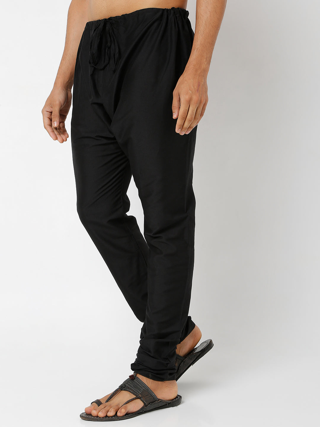 Men's Black Polyster Blend Solid Churidar