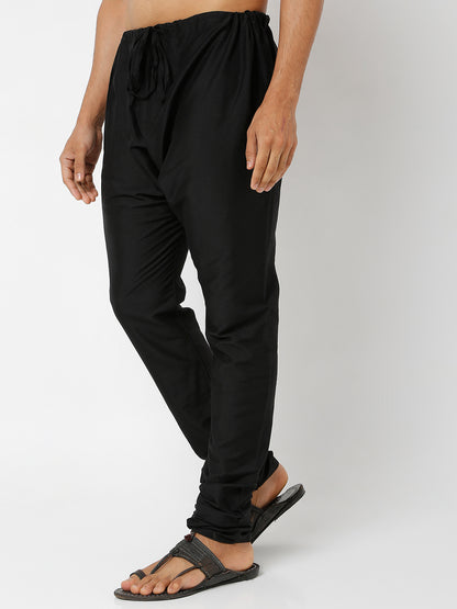 Men's Black Polyster Blend Solid Churidar