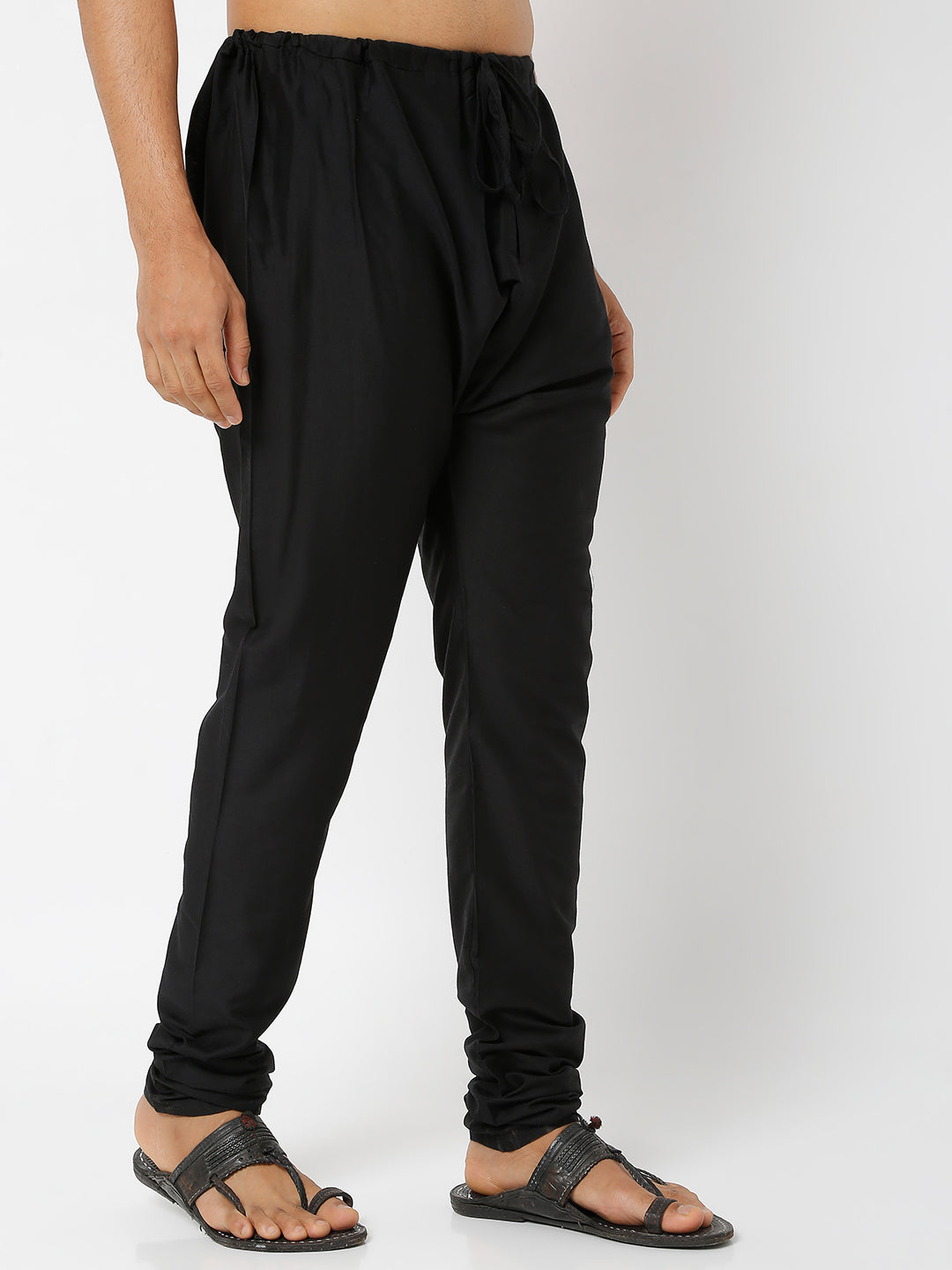 Men's Black Polyster Blend Solid Churidar