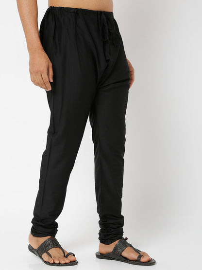 Men's Black Polyster Blend Solid Churidar