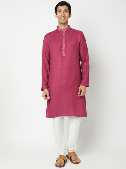 Men's Onion Pink Viscose Embroidered Kurta