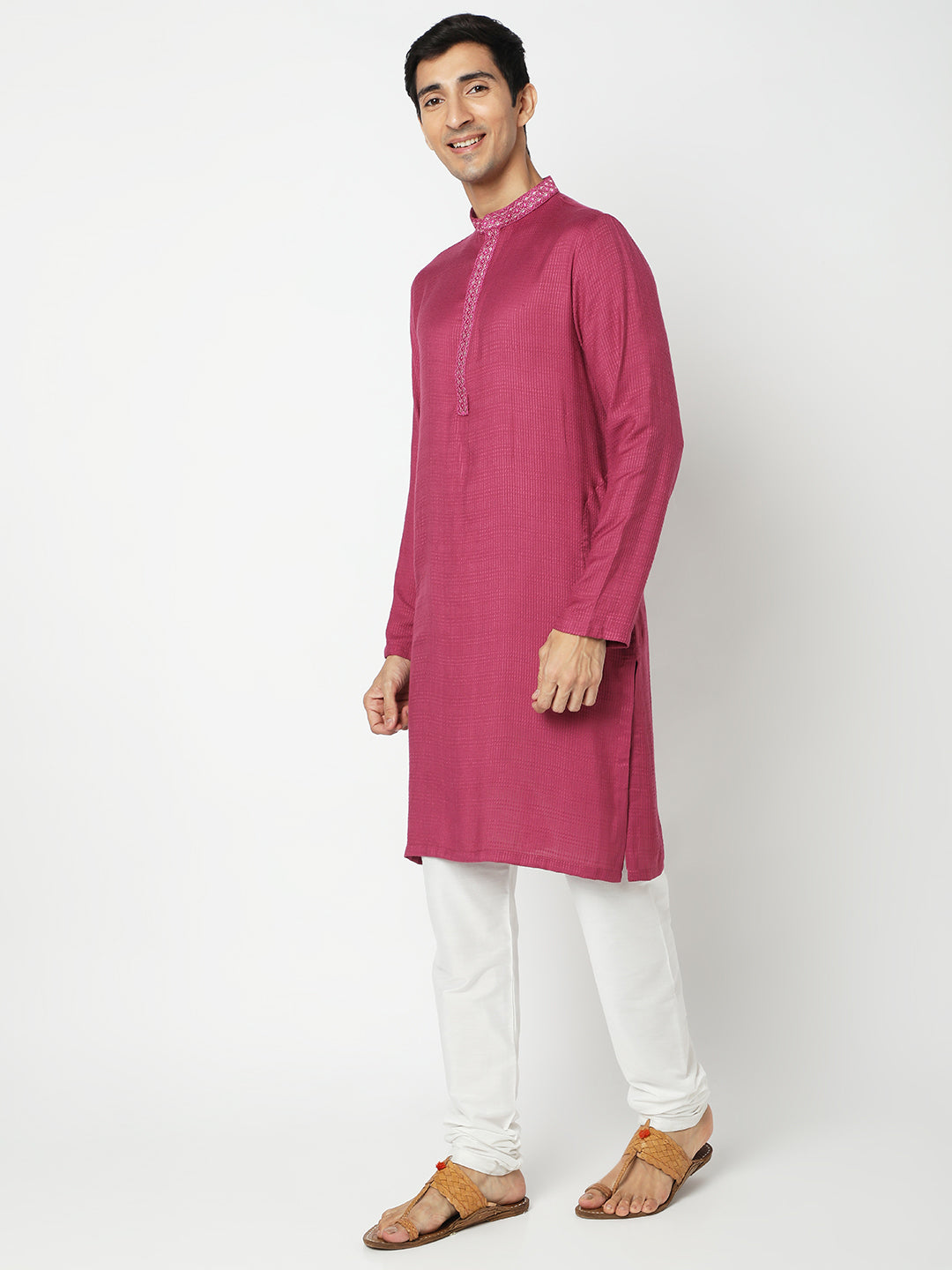 Men's Onion Pink Viscose Embroidered Kurta