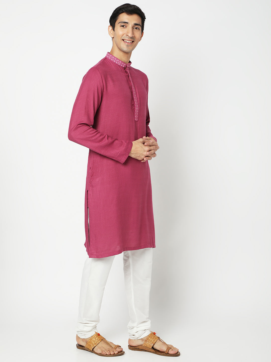 Men's Onion Pink Viscose Embroidered Kurta