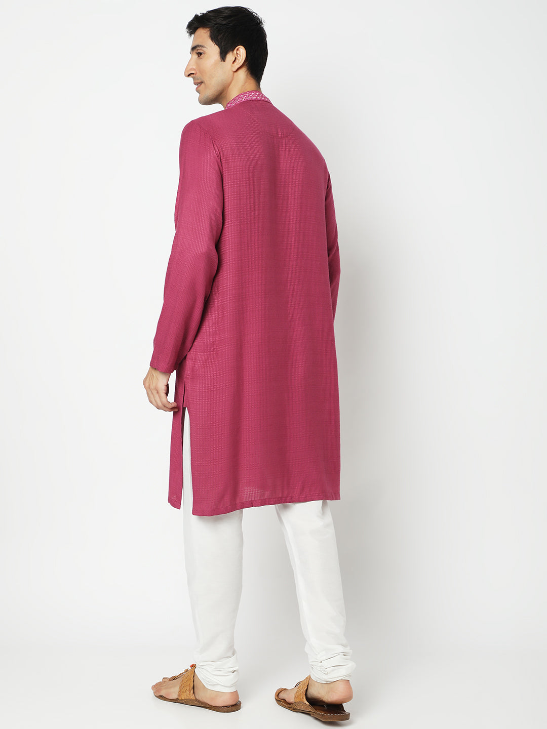 Men's Onion Pink Viscose Embroidered Kurta