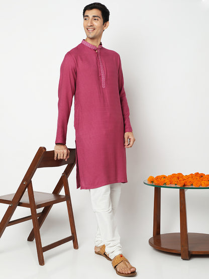 Men's Onion Pink Viscose Embroidered Kurta
