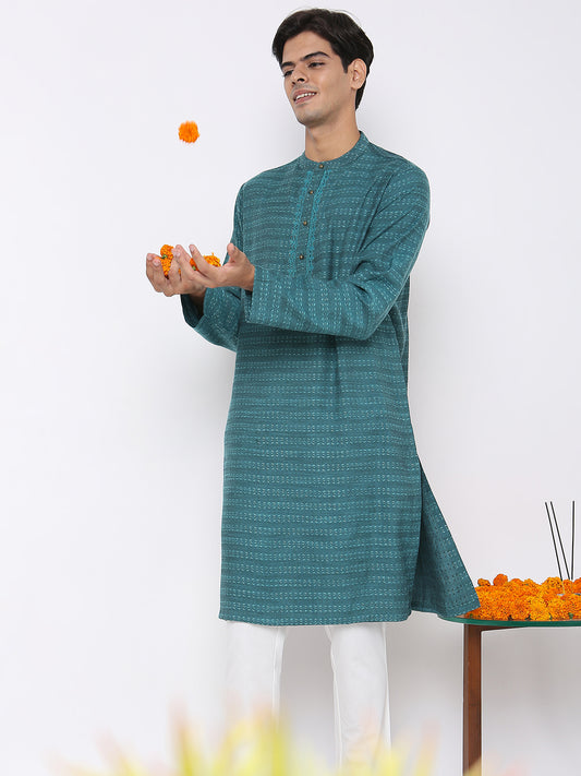 Men's Turquoise Viscose Blend Embroidered Kurta