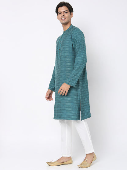 Men's Turquoise Viscose Blend Embroidered Kurta