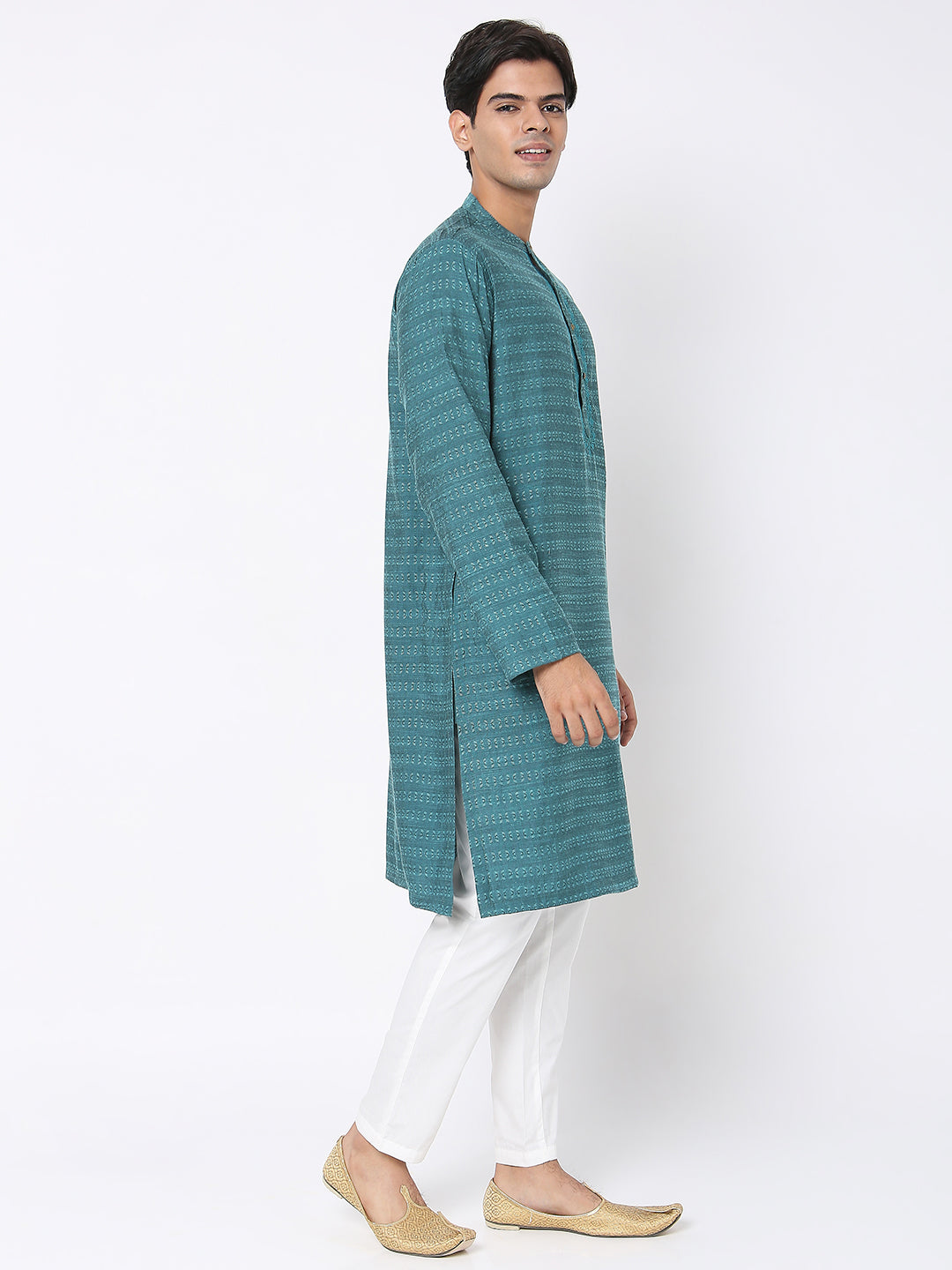 Men's Turquoise Viscose Blend Embroidered Kurta