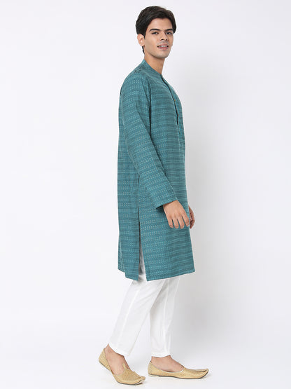 Men's Turquoise Viscose Blend Embroidered Kurta
