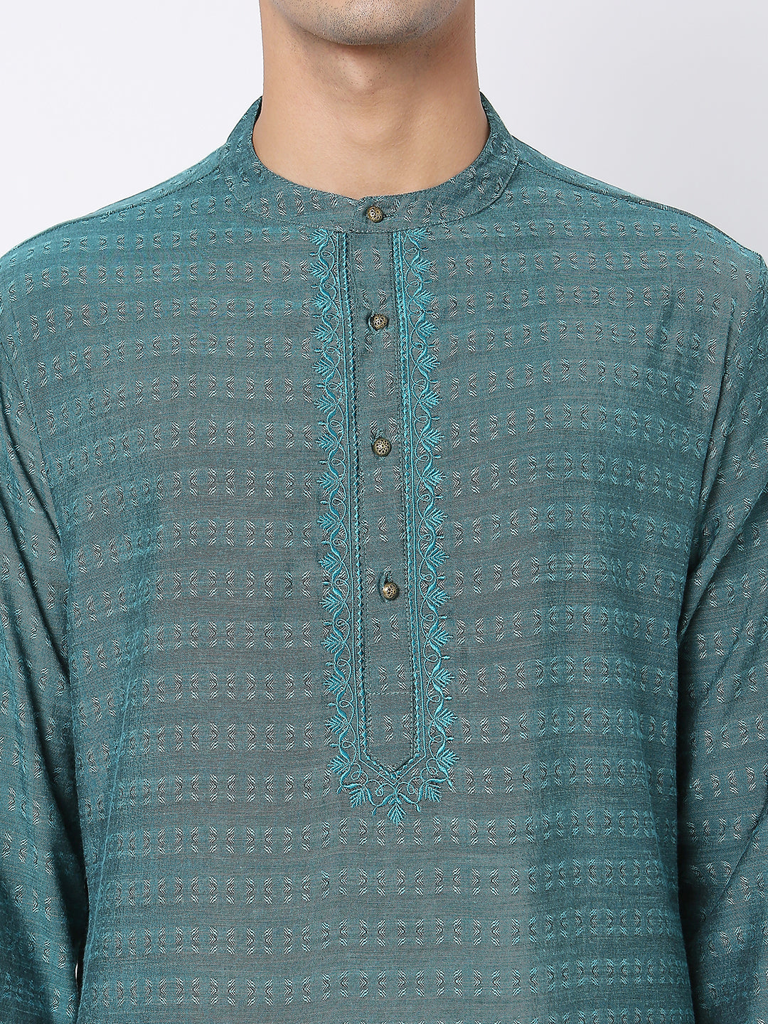 Men's Turquoise Viscose Blend Embroidered Kurta