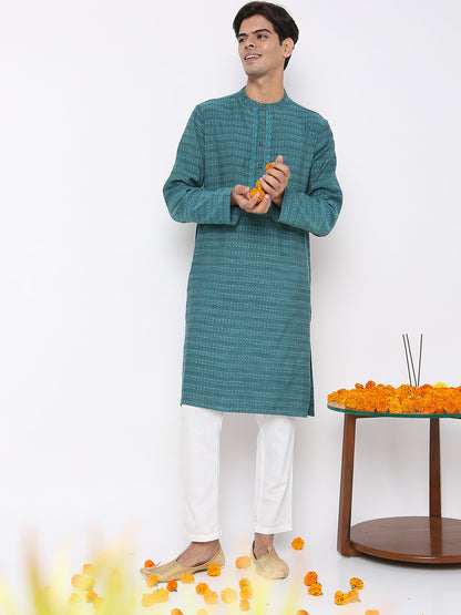 Men's Turquoise Viscose Blend Embroidered Kurta