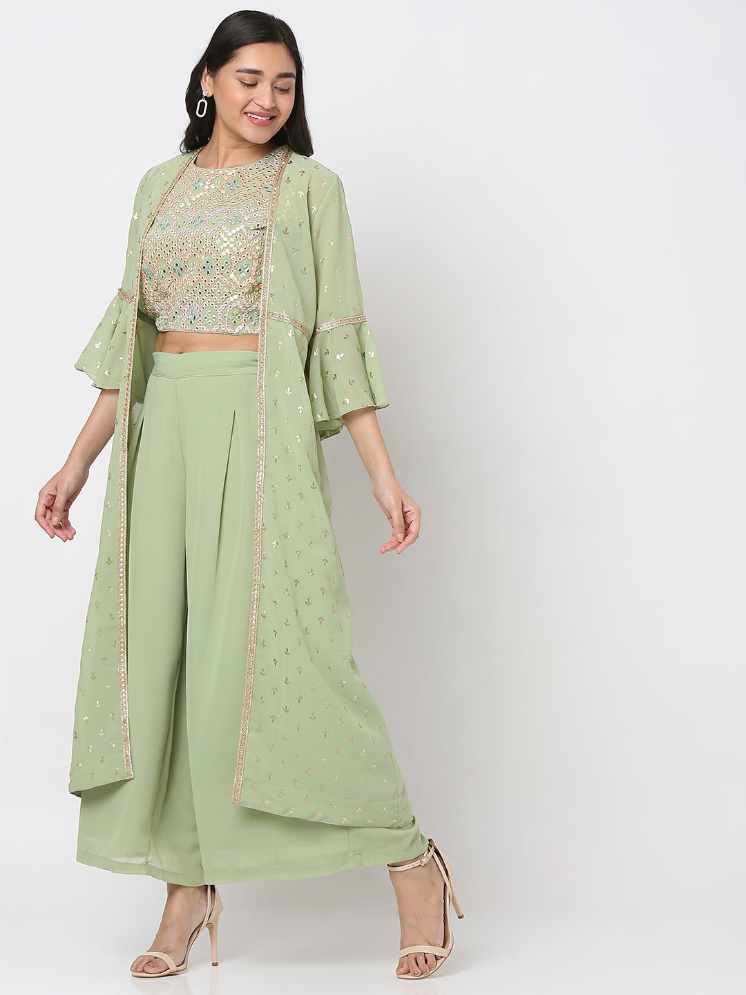 Women's Pista Green Polyester Georgette Embellished Cape Set