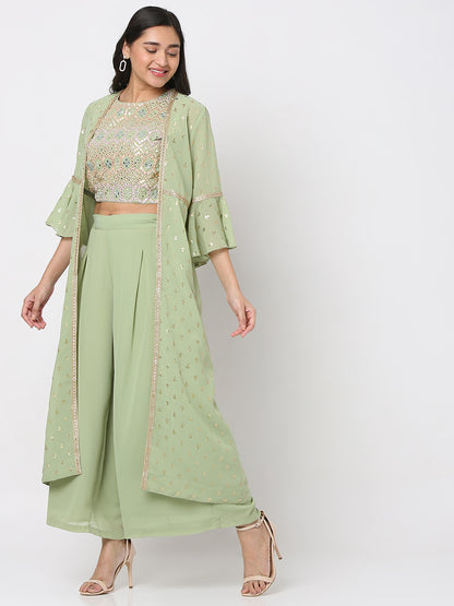 Women's Pista Green Polyester Georgette Embellished Cape Set