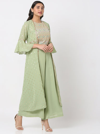Women's Pista Green Polyester Georgette Embellished Cape Set