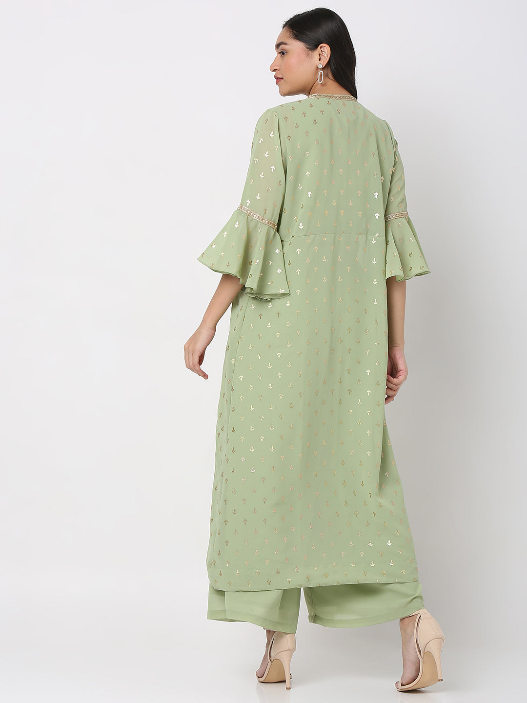 Women's Pista Green Polyester Georgette Embellished Cape Set