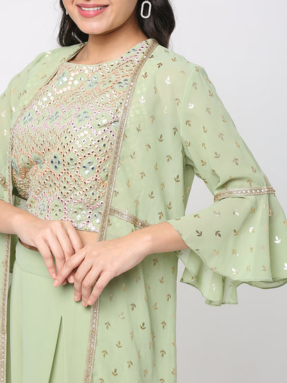 Women's Pista Green Polyester Georgette Embellished Cape Set