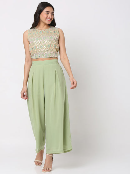 Women's Pista Green Polyester Georgette Embellished Cape Set