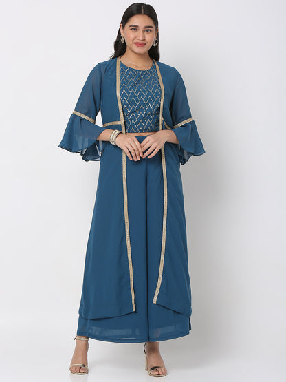 Women's Blue Polyester Georgette Embellished Cape Set