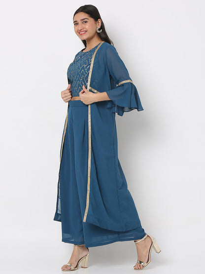 Women's Blue Polyester Georgette Embellished Cape Set