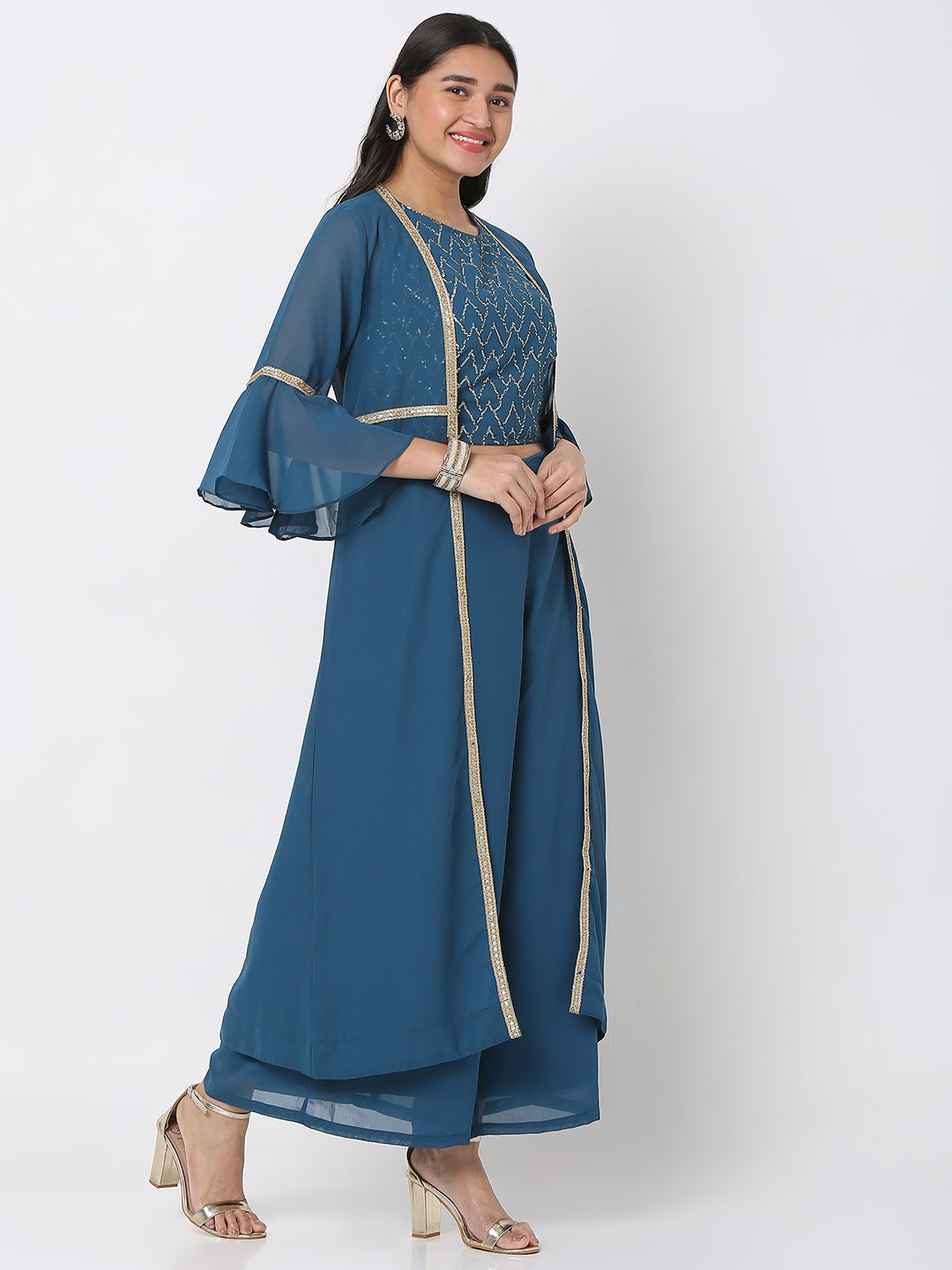 Women's Blue Polyester Georgette Embellished Cape Set