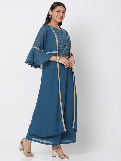 Women's Blue Polyester Georgette Embellished Cape Set