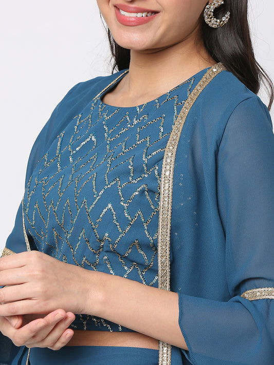 Women's Blue Polyester Georgette Embellished Cape Set
