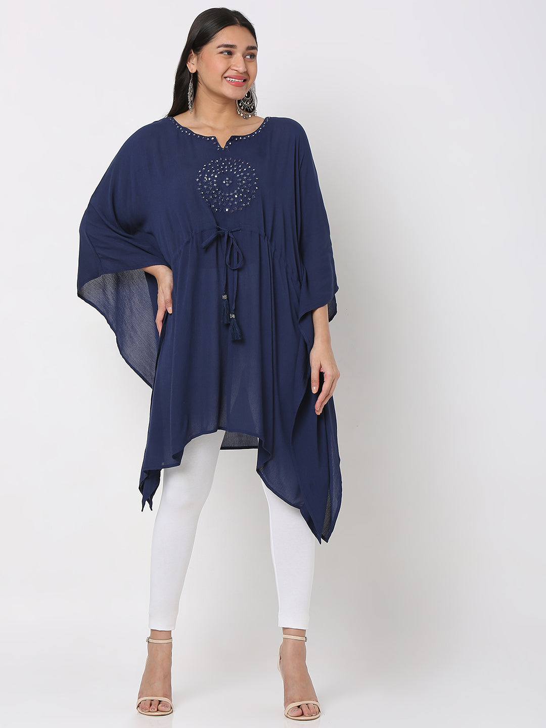 Women's Navy Blue Crepe Embellished Kurta
