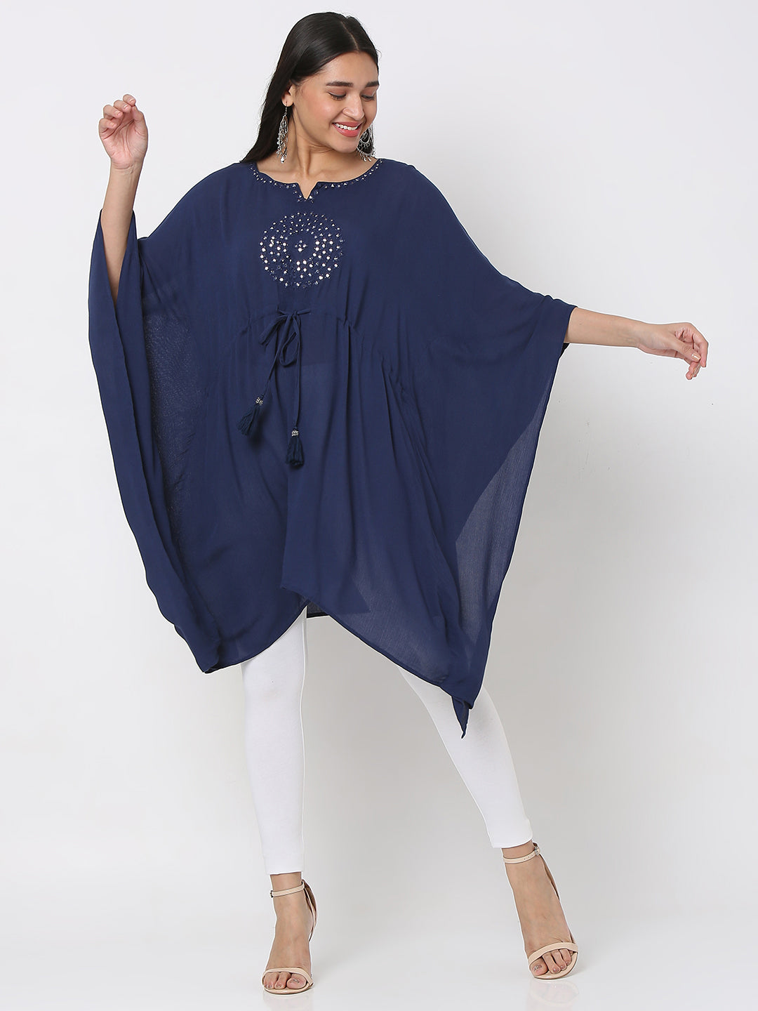 Women's Navy Blue Crepe Embellished Kurta