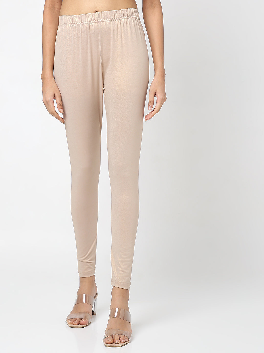 Women's Cream Polyester Spandex Solid Legging