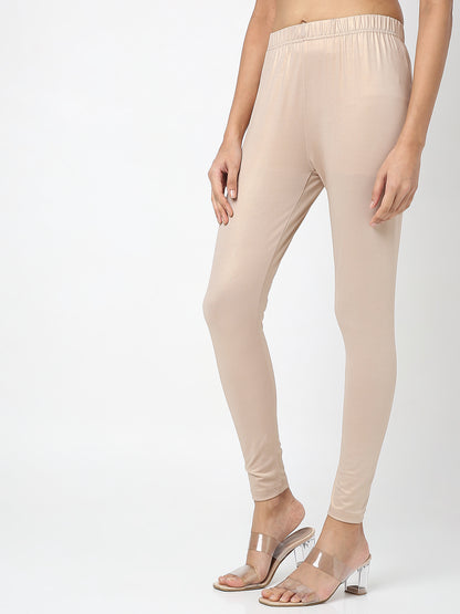 Women's Cream Polyester Spandex Solid Legging