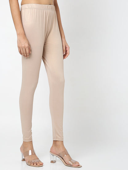 Women's Cream Polyester Spandex Solid Legging