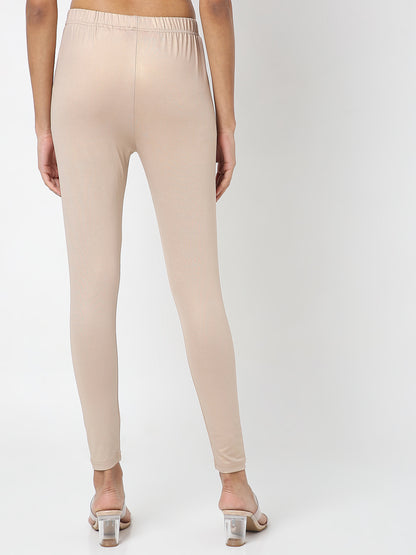 Women's Cream Polyester Spandex Solid Legging