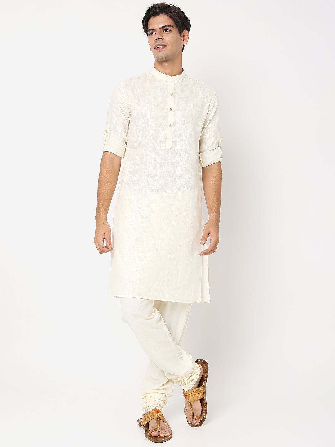 Matchles Men's Off White Linen Solid Kurta