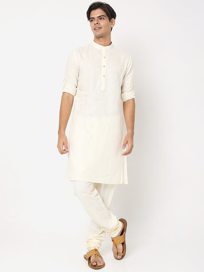 Matchles Men's Off White Linen Solid Kurta