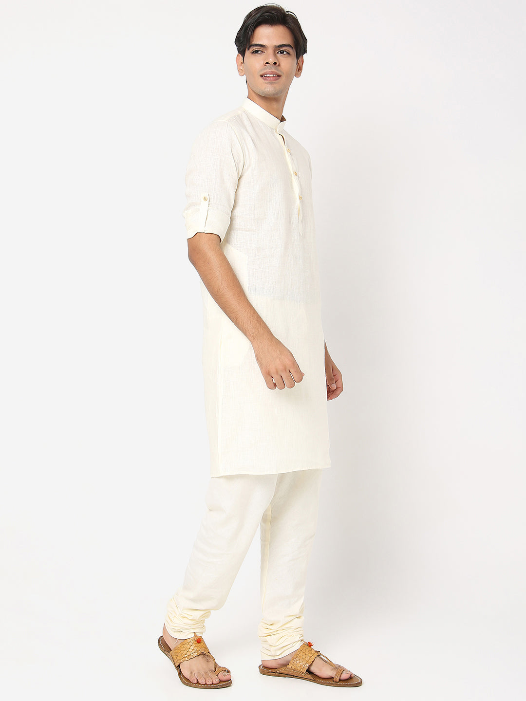 Matchles Men's Off White Linen Solid Kurta