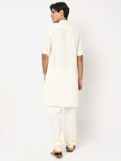 Matchles Men's Off White Linen Solid Kurta