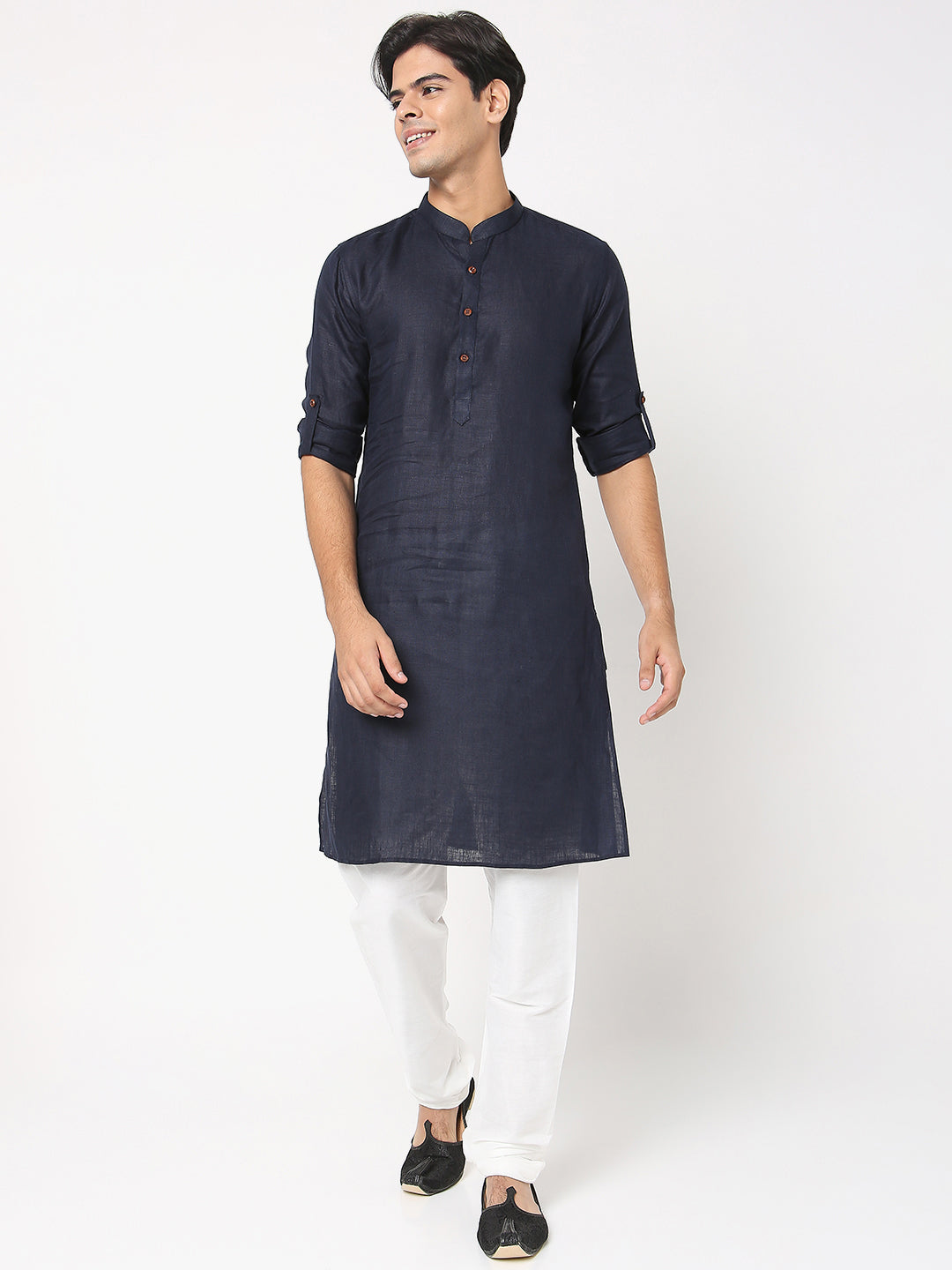 Matchles Men's Navy Blue Linen Solid Kurta