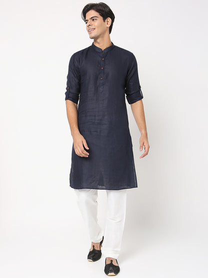 Matchles Men's Navy Blue Linen Solid Kurta