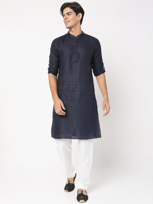 Matchles Men's Navy Blue Linen Solid Kurta