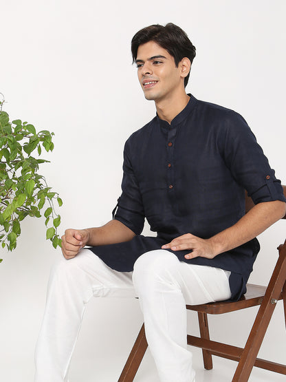 Matchles Men's Navy Blue Linen Solid Kurta