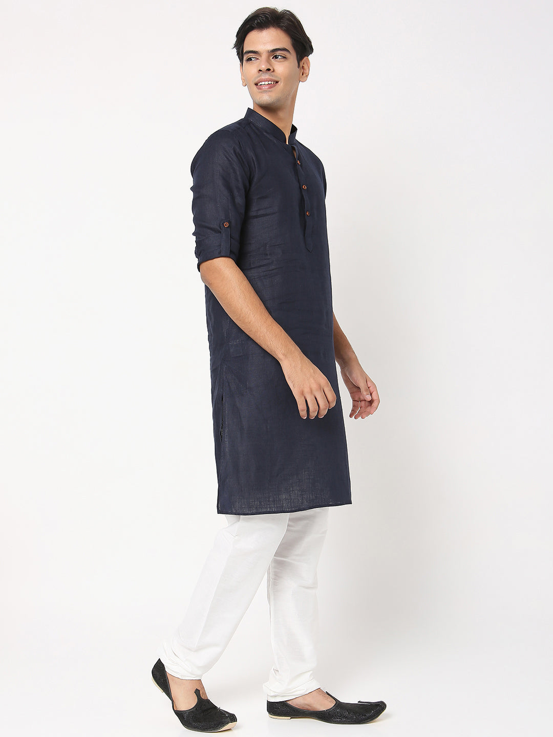 Matchles Men's Navy Blue Linen Solid Kurta