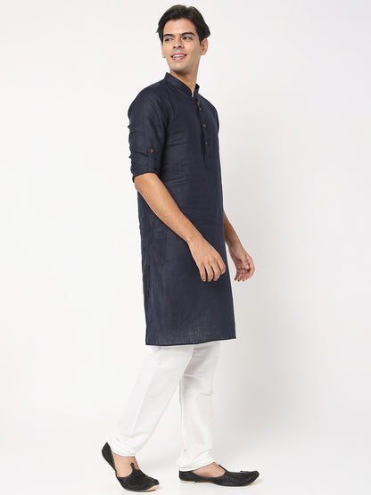 Matchles Men's Navy Blue Linen Solid Kurta