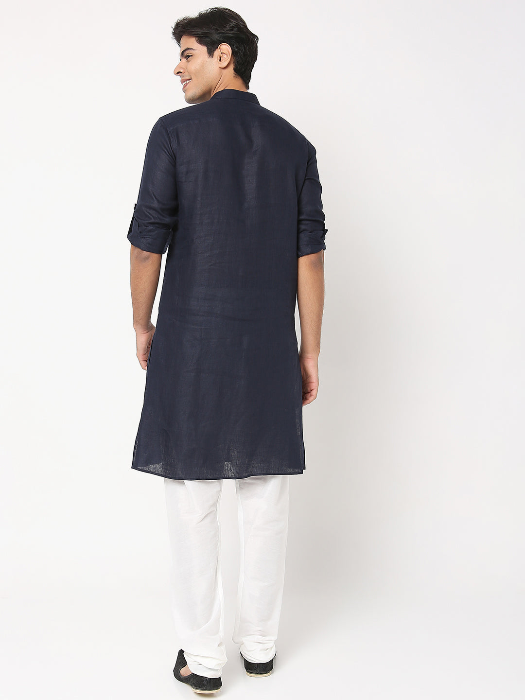 Matchles Men's Navy Blue Linen Solid Kurta