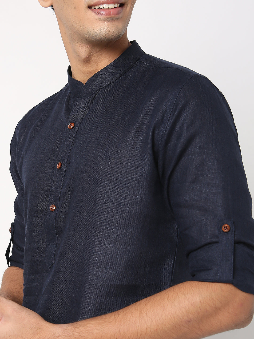 Matchles Men's Navy Blue Linen Solid Kurta