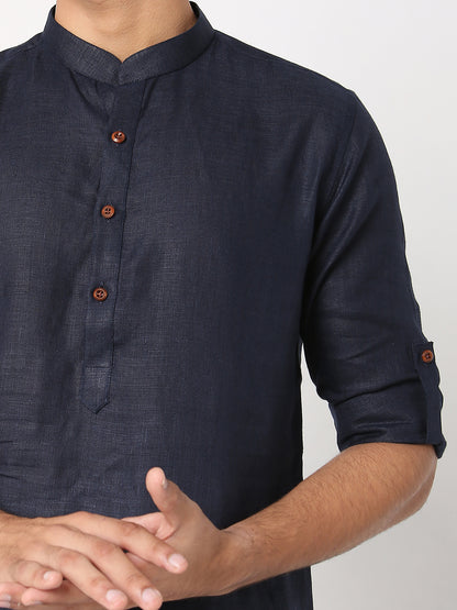 Matchles Men's Navy Blue Linen Solid Kurta