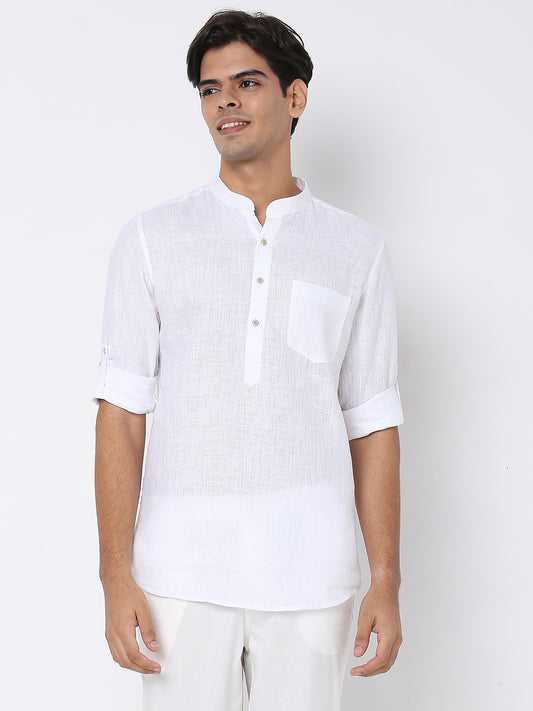 Matchles Men's White Linen Solid Kurta
