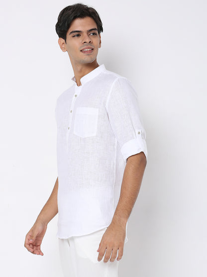 Matchles Men's White Linen Solid Kurta