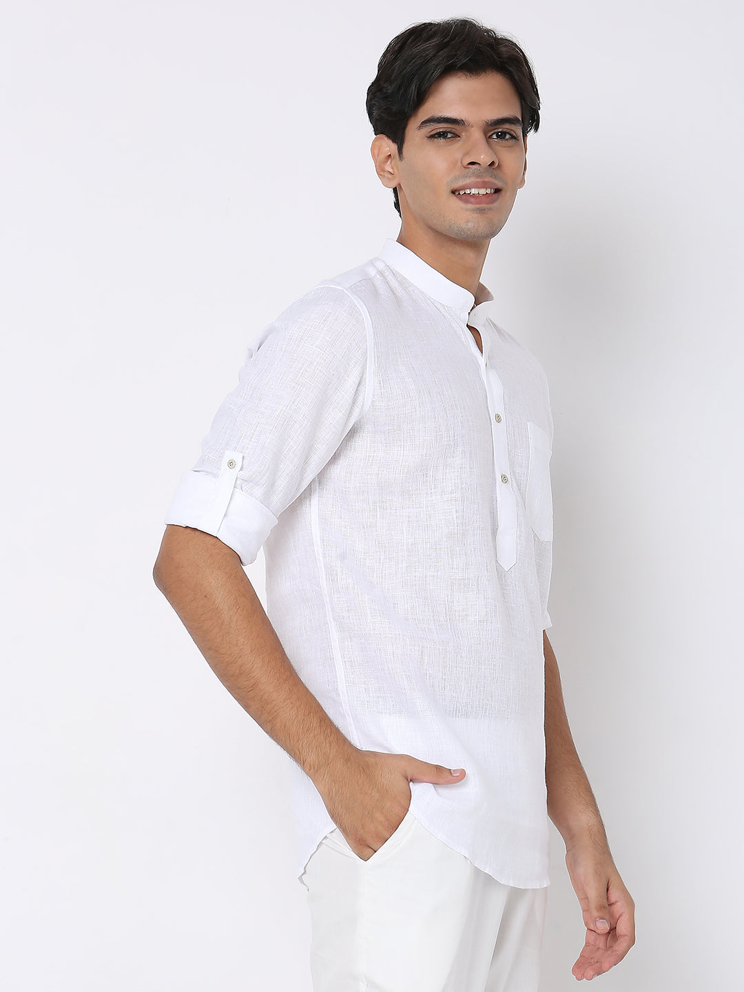 Matchles Men's White Linen Solid Kurta