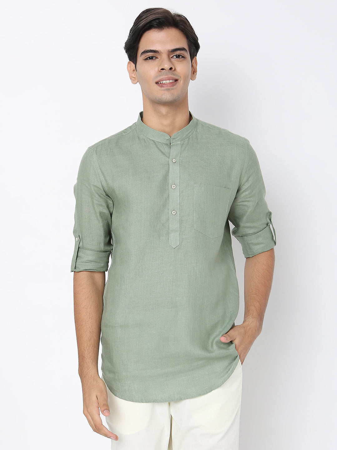 Matchles Men's Sage Green Linen Solid Kurta